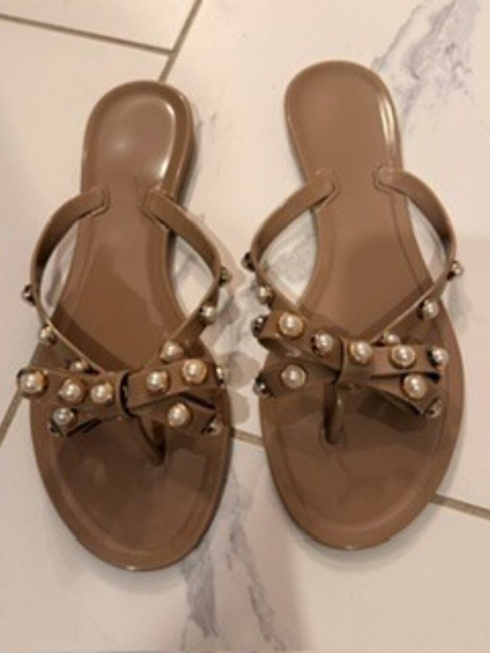 Nude Pearl Studded Bow Jelly Thong Sandals Size 38 (US 7)
